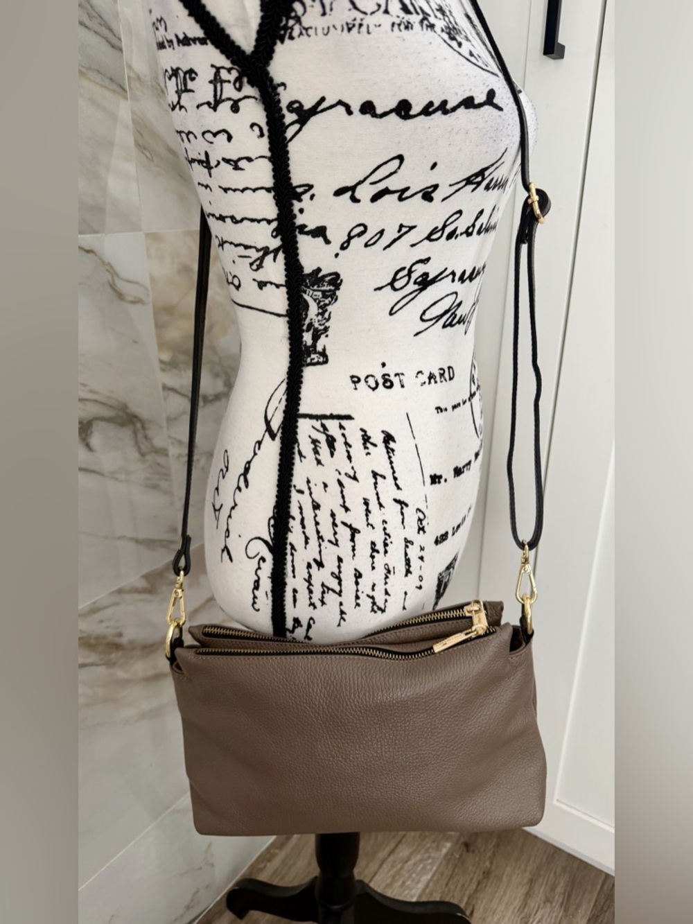 Valentina NewTaupe Leather Crossbody Bag with Gold Hardware Shoulder Strap Inc.